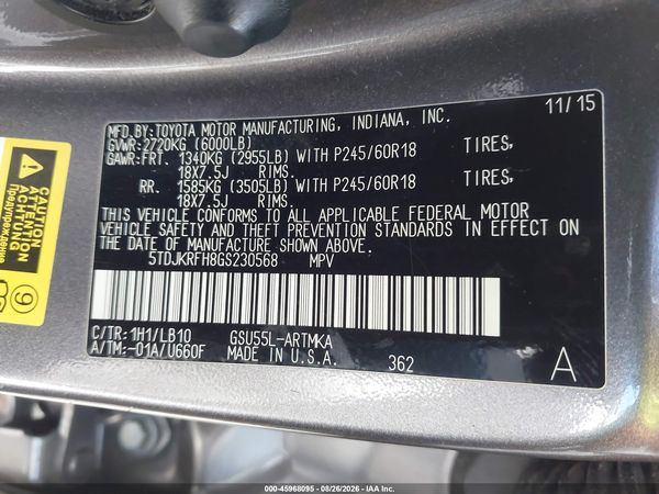 2016 TOYOTA HIGHLANDER XLE V6 — I9