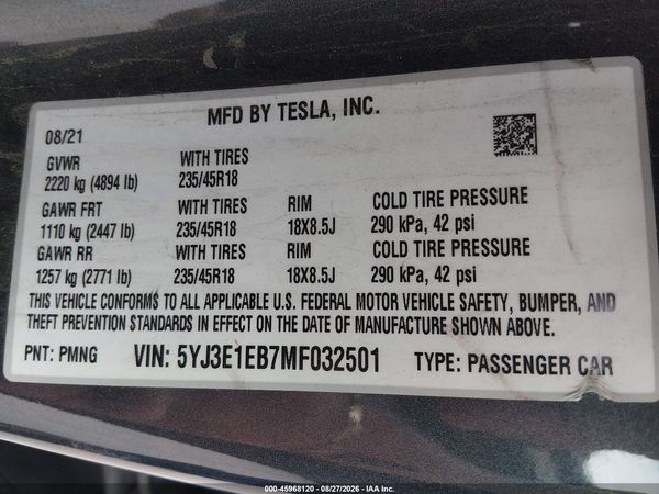2021 TESLA MODEL 3 — I9