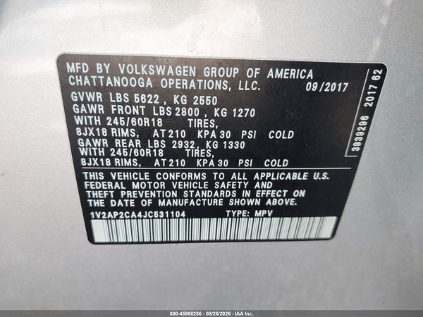 2018 VOLKSWAGEN ATLAS 2.0T S — I9