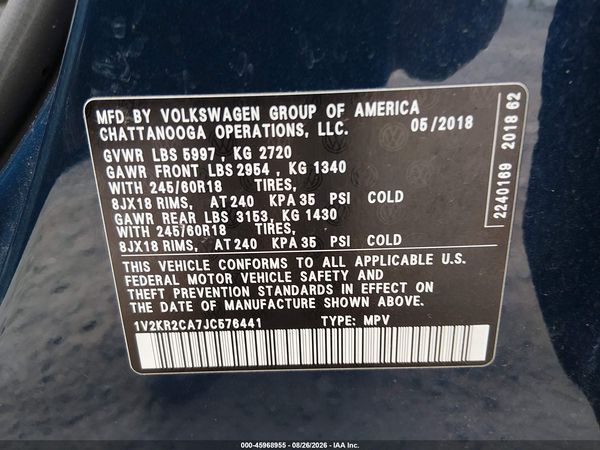 2018 VOLKSWAGEN ATLAS 3.6L V6 SE — I9