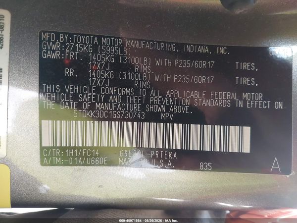 2016 TOYOTA SIENNA LE 8 PASSENGER — I9