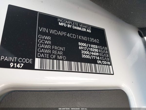 2019 MERCEDES-BENZ SPRINTER 4500 STANDARD ROOF V6 — I9