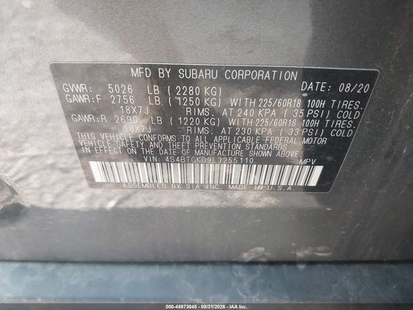 2020 SUBARU OUTBACK ONYX EDITION XT — I9