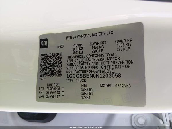 2022 CHEVROLET COLORADO 2WD  SHORT BOX WT — I9
