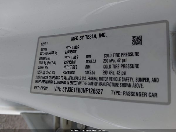 2022 TESLA MODEL 3 — I9