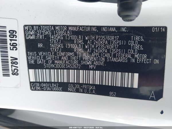 2014 TOYOTA SIENNA XLE V6 8 PASSENGER — I9