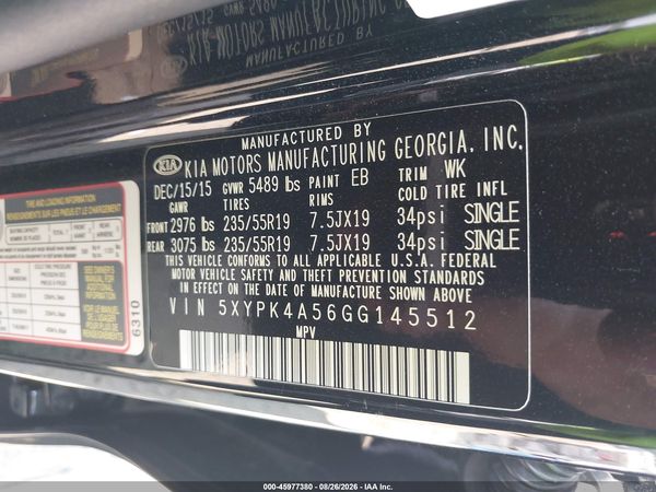 2016 KIA SORENTO 3.3L SXL — I9