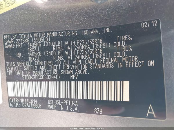 2012 TOYOTA SIENNA XLE 7 PASSENGER