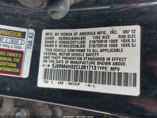 2012 HONDA CR-V LX — I9