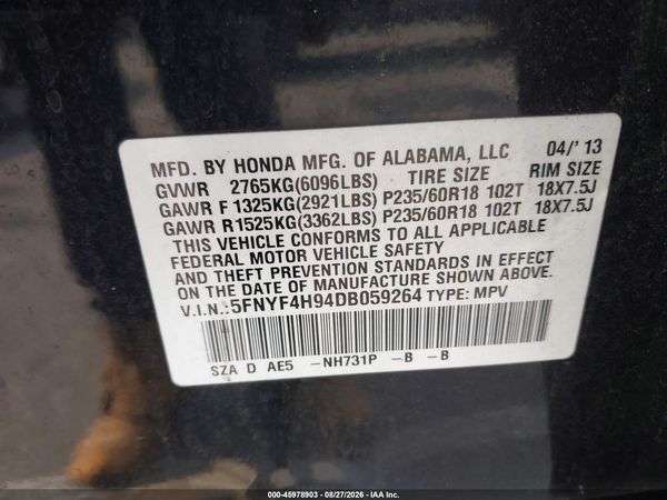 2013 HONDA PILOT TOURING — I9