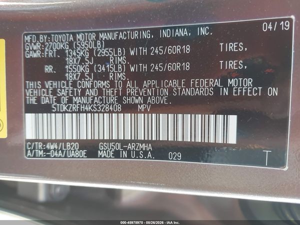 2019 TOYOTA HIGHLANDER XLE