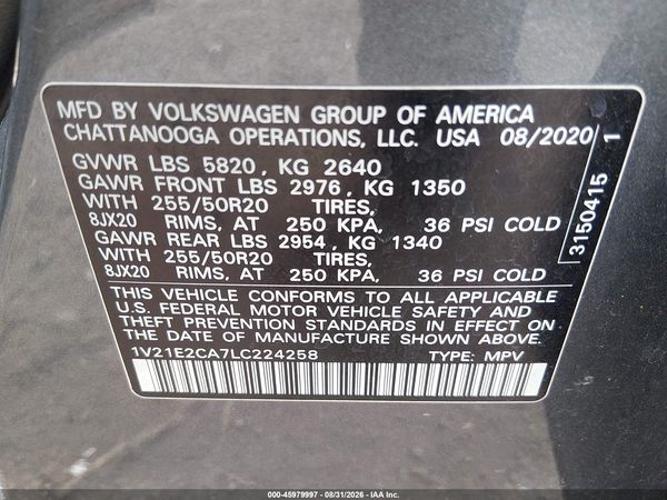 2020 VOLKSWAGEN ATLAS CROSS SPORT — I9