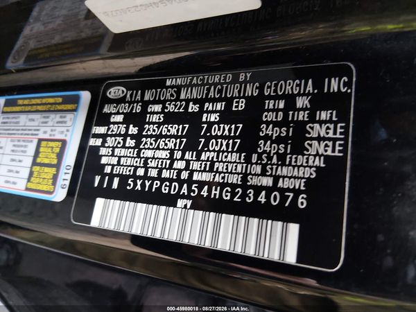 2017 KIA SORENTO 3.3L LX