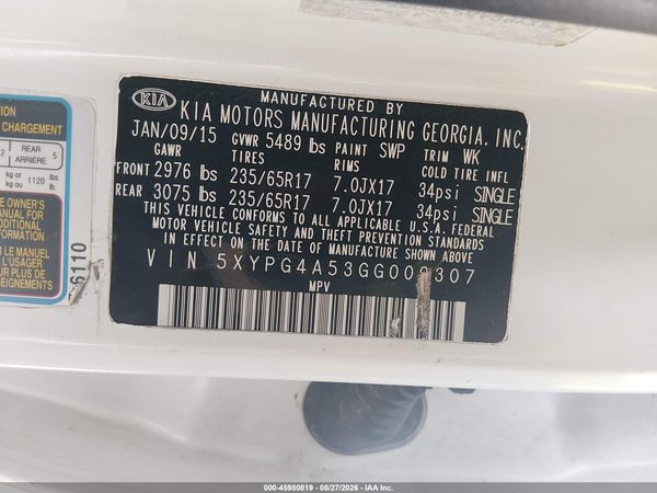 2016 KIA SORENTO 3.3L LX