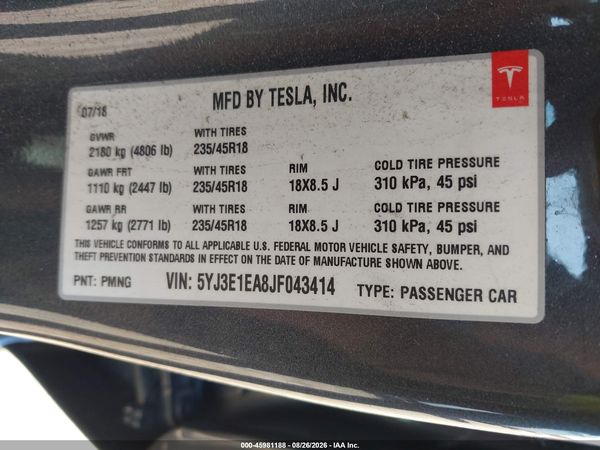2018 TESLA MODEL 3 LONG RANGE/MID RANGE