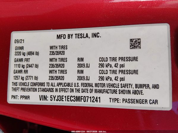 2021 TESLA MODEL 3 — I9