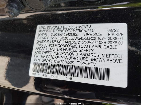 2022 HONDA PILOT AWD TOURING 7 PASSENGER