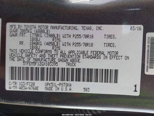 2016 TOYOTA TUNDRA SR5 4.6L V8 — I9