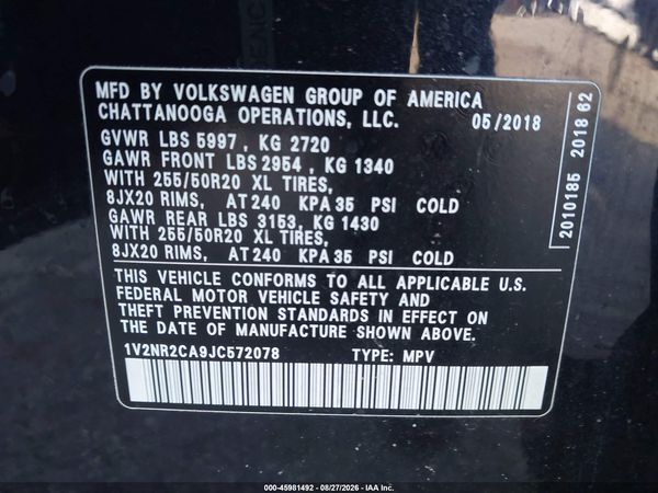 2018 VOLKSWAGEN ATLAS 3.6L V6 SEL PREMIUM — I9