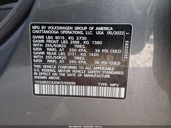 2022 VOLKSWAGEN ATLAS 3.6L V6 SEL R-LINE — I9