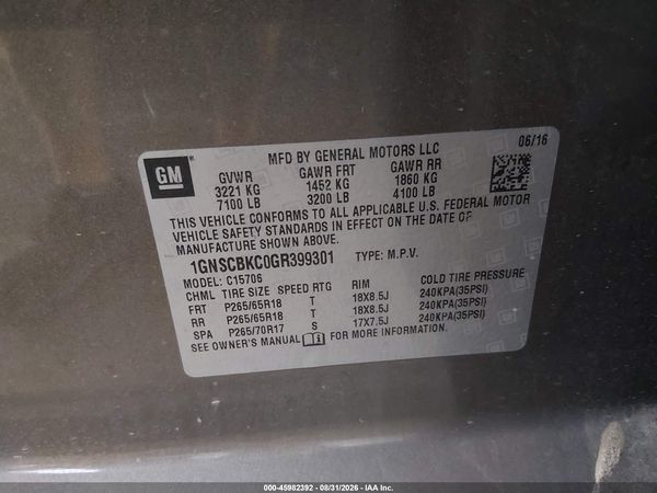 2016 CHEVROLET TAHOE LT — I9
