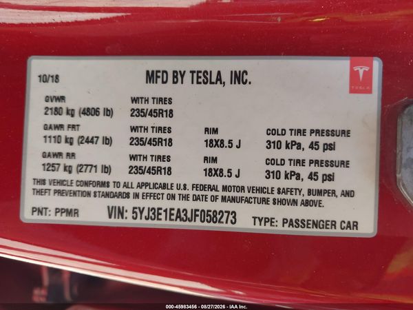 2018 TESLA MODEL 3 LONG RANGE/MID RANGE — I9