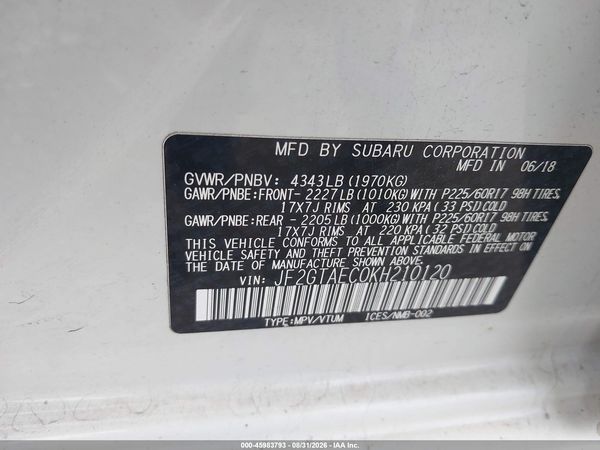 2019 SUBARU CROSSTREK 2.0I PREMIUM — I9