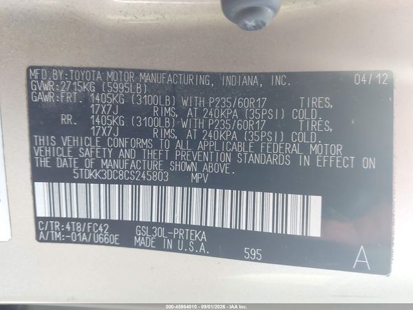 2012 TOYOTA SIENNA LE V6 8 PASSENGER — I9
