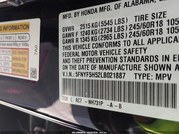 2020 HONDA PILOT 2WD EX-L — I9