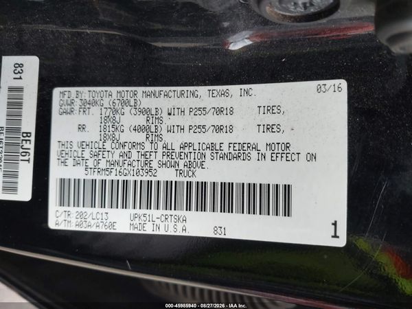 2016 TOYOTA TUNDRA SR 4.6L V8