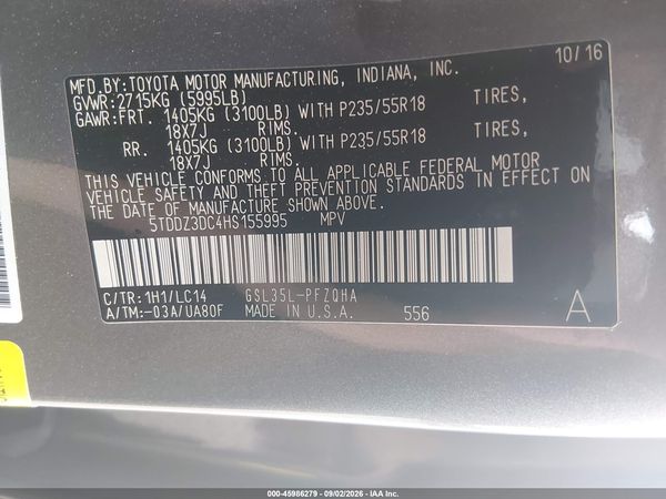 2017 TOYOTA SIENNA XLE 7 PASSENGER