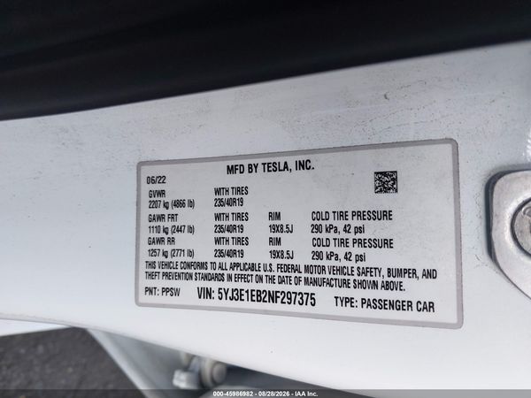 2022 TESLA MODEL 3 — I9