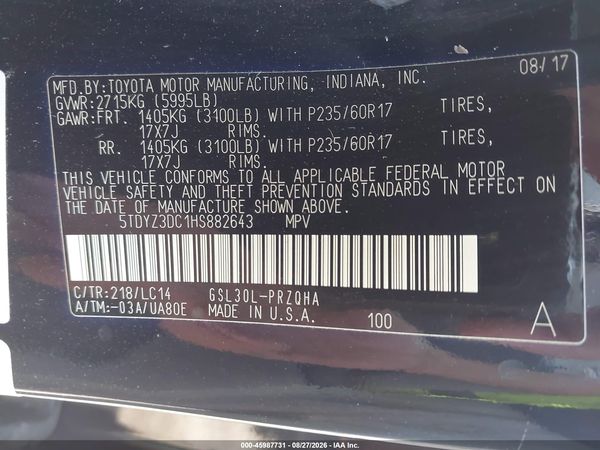 2017 TOYOTA SIENNA XLE 8 PASSENGER