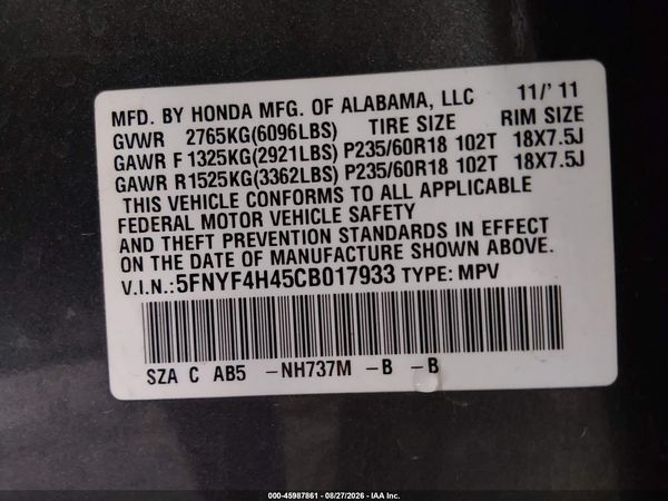 2012 HONDA PILOT EX — I9
