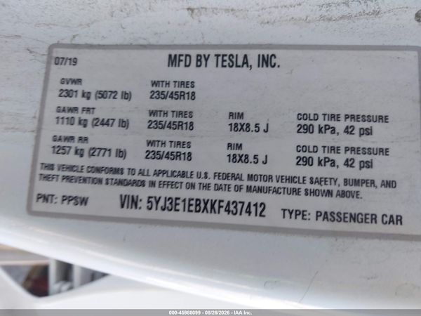 2019 TESLA MODEL 3 LONG RANGE/PERFORMANCE — I9