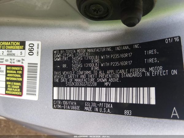 2016 TOYOTA SIENNA L 7 PASSENGER — I9