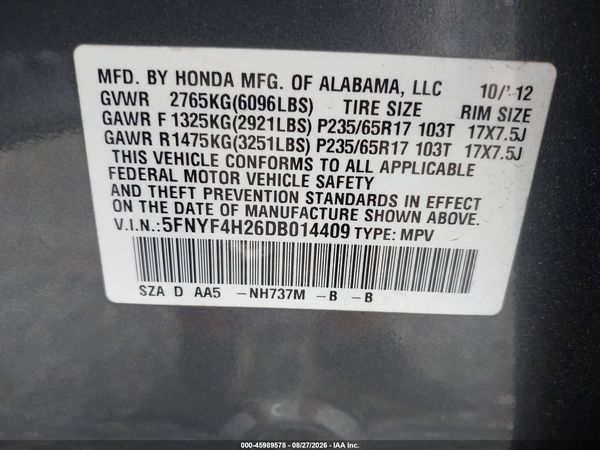 2013 HONDA PILOT LX — I9