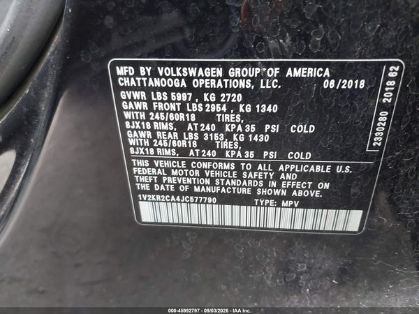 2018 VOLKSWAGEN ATLAS 3.6L V6 SE — I9