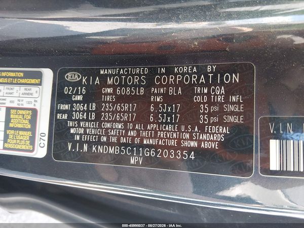 2016 KIA SEDONA LX — I9