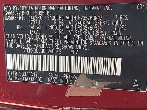 2012 TOYOTA SIENNA LE V6 8 PASSENGER — I9