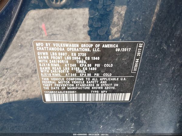 2018 VOLKSWAGEN ATLAS 3.6L V6 S — I9