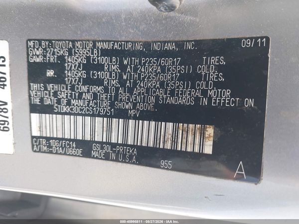 2012 TOYOTA SIENNA LE V6 8 PASSENGER