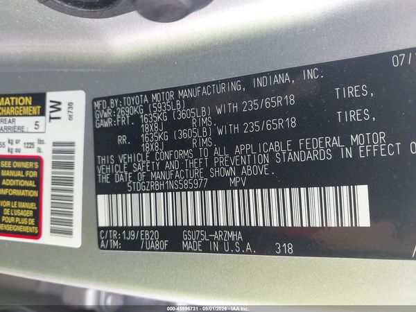2022 TOYOTA HIGHLANDER XLE — I9