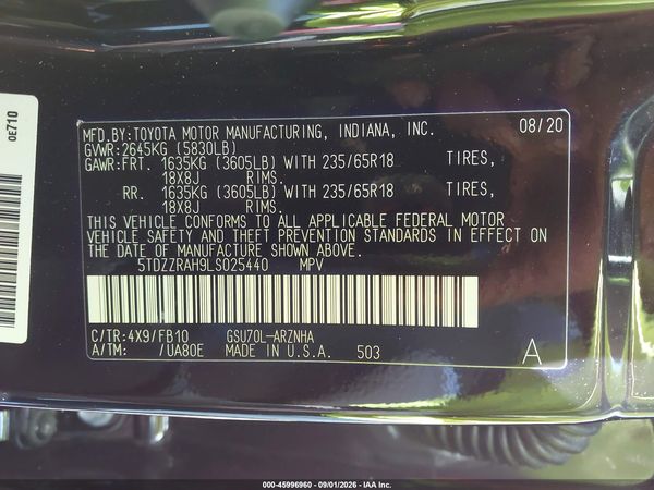 2020 TOYOTA HIGHLANDER LE — I9