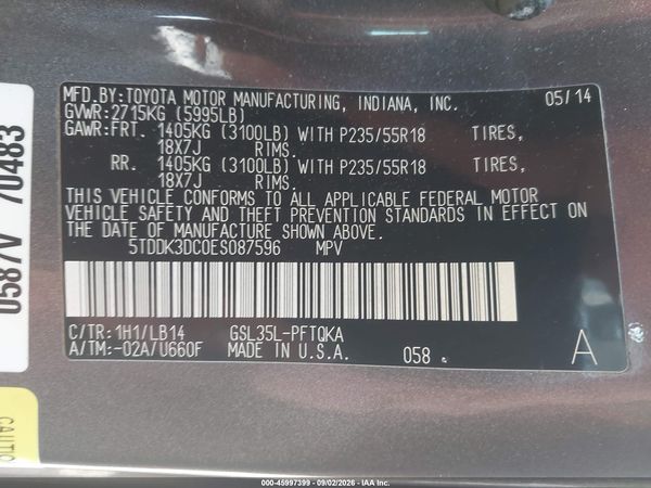 2014 TOYOTA SIENNA XLE 7 PASSENGER