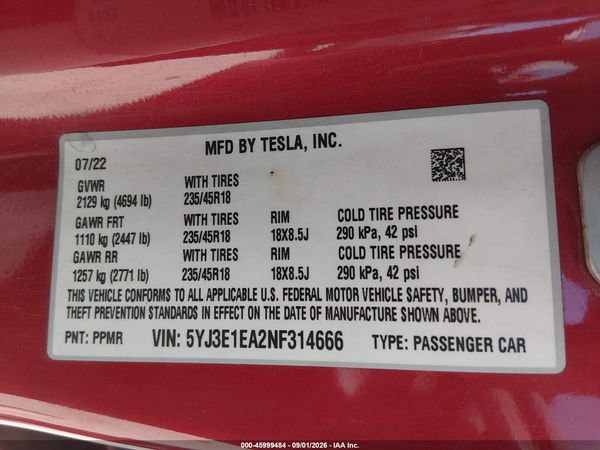 2022 TESLA MODEL 3 REAR-WHEEL DRIVE — I9