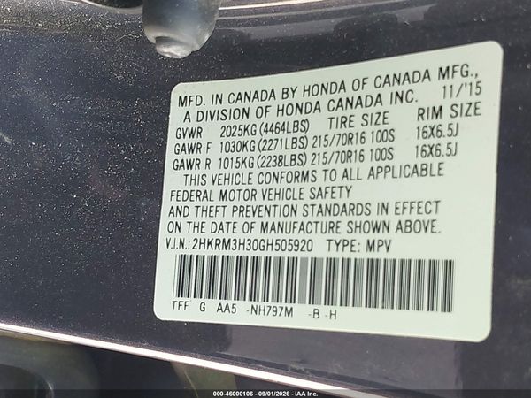 2016 HONDA CR-V LX — I9