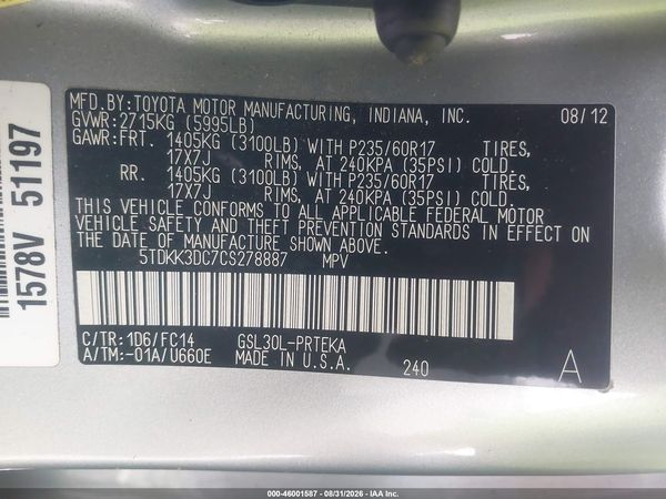 2012 TOYOTA SIENNA LE V6 8 PASSENGER