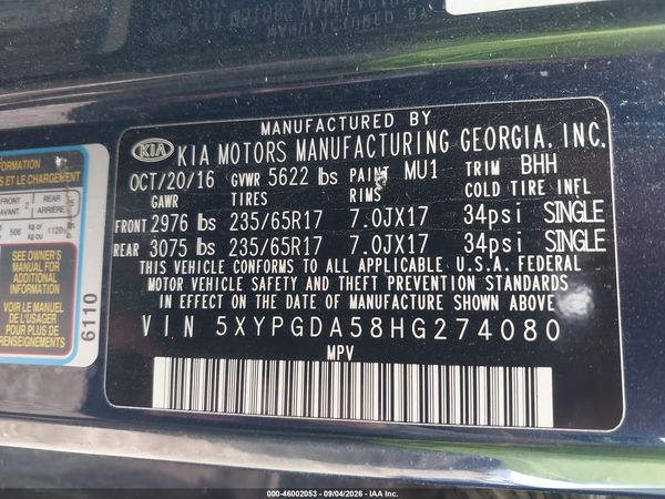 2017 KIA SORENTO 3.3L LX — I9