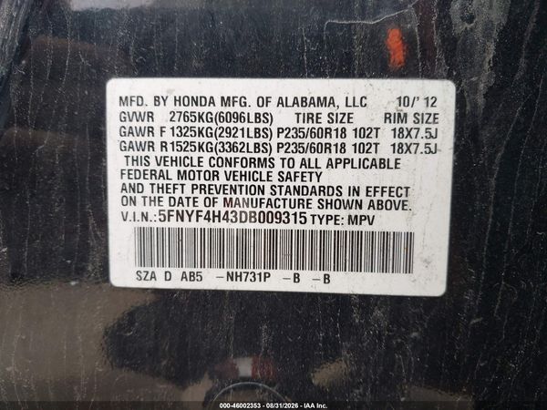 2013 HONDA PILOT EX — I9